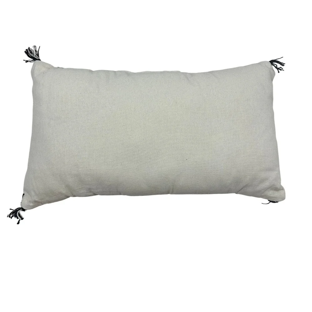 Woven Lumbar Pillow Black Cream Plaid Tassel Trim Textured Boho Accent 22x13